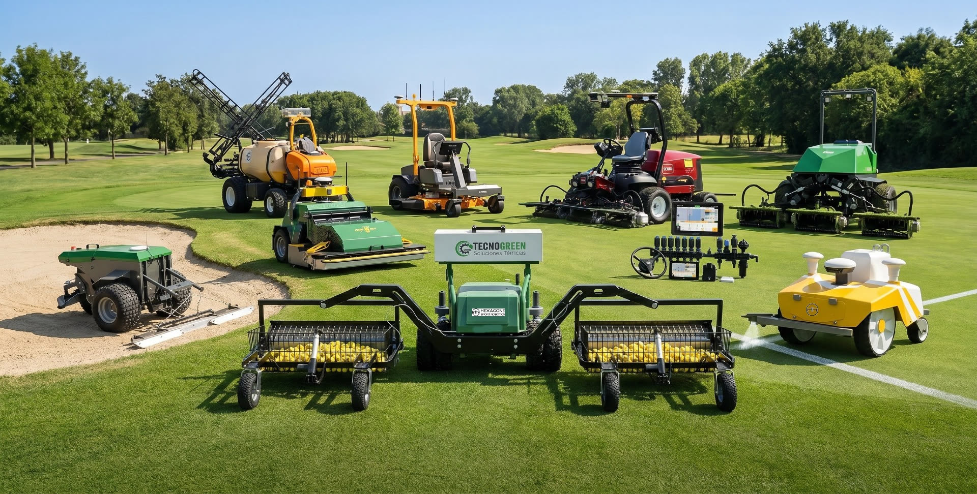 Gama completa de maquinaria TecnoGreen desplegada sobre un campo de golf