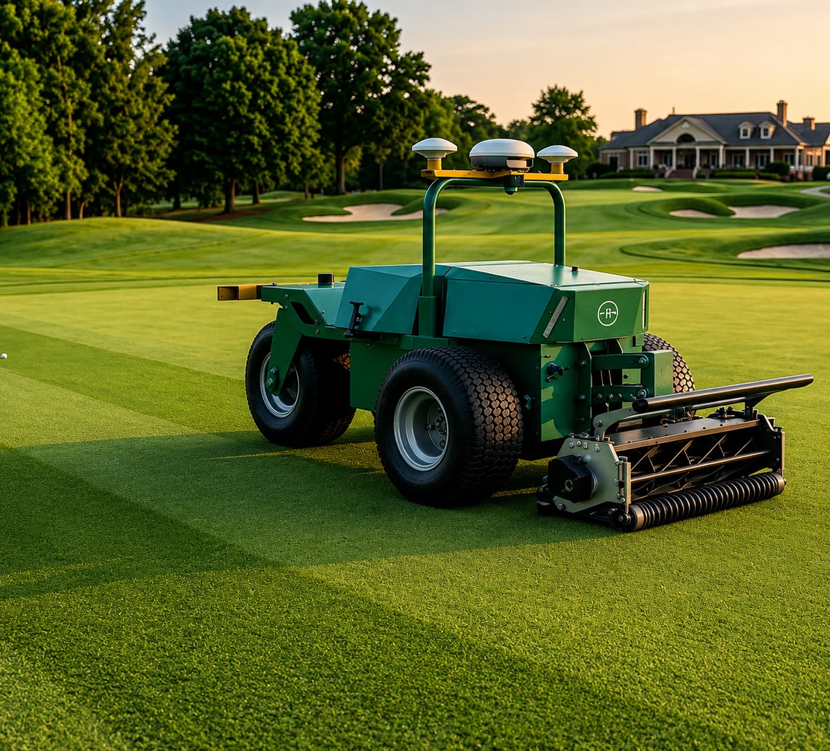 MOXY Raptor, robot cortacésped helicoidal Hexagone junto a un green de golf